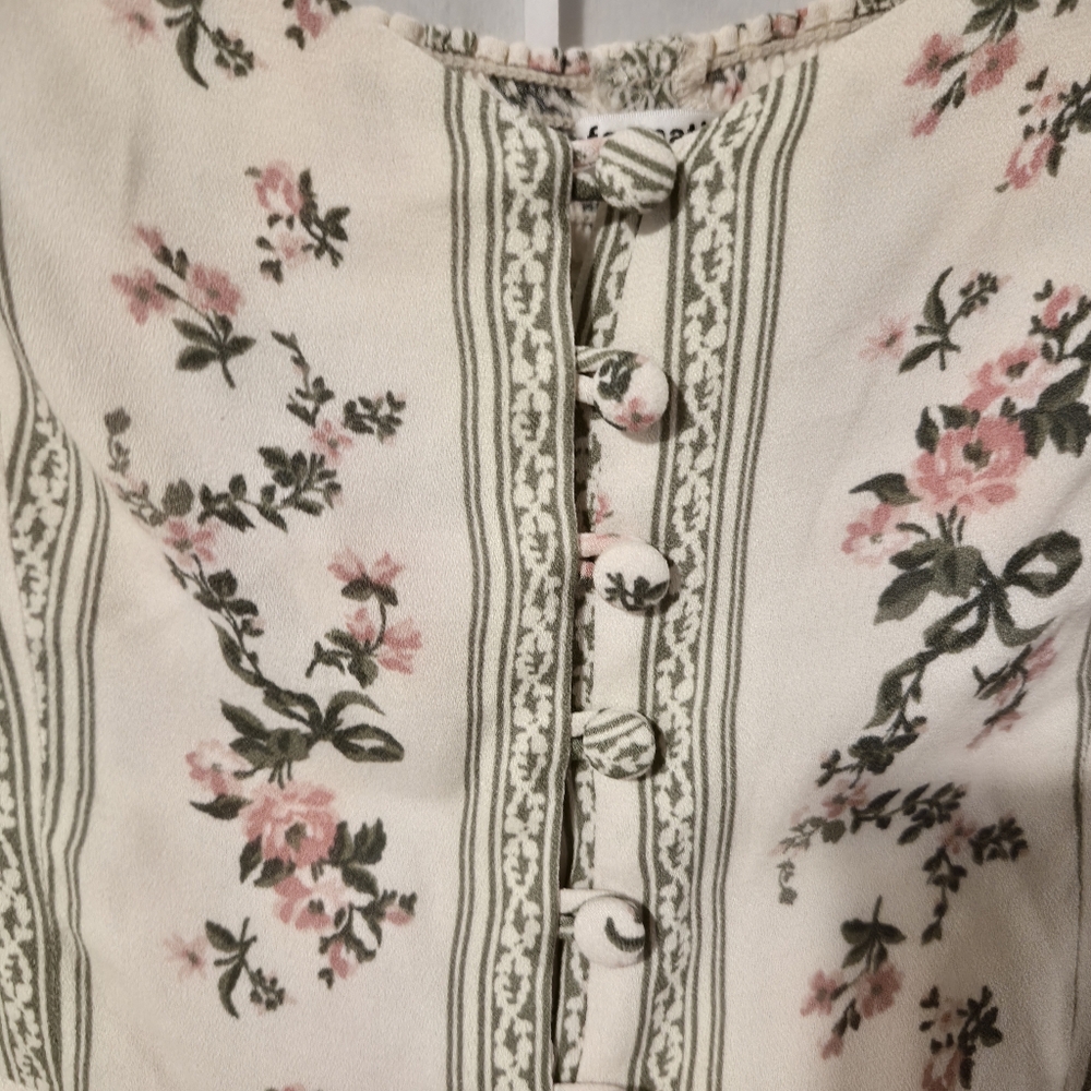 Reformation Floral Cream Green Blouse Top Sz 4 - Picture 5 of 12